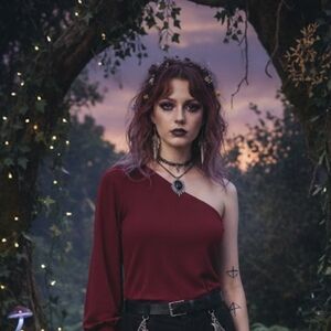 Satin Chiffon Blouse One-Shouldered Size Medium Wine Color Whimsical Valentine's